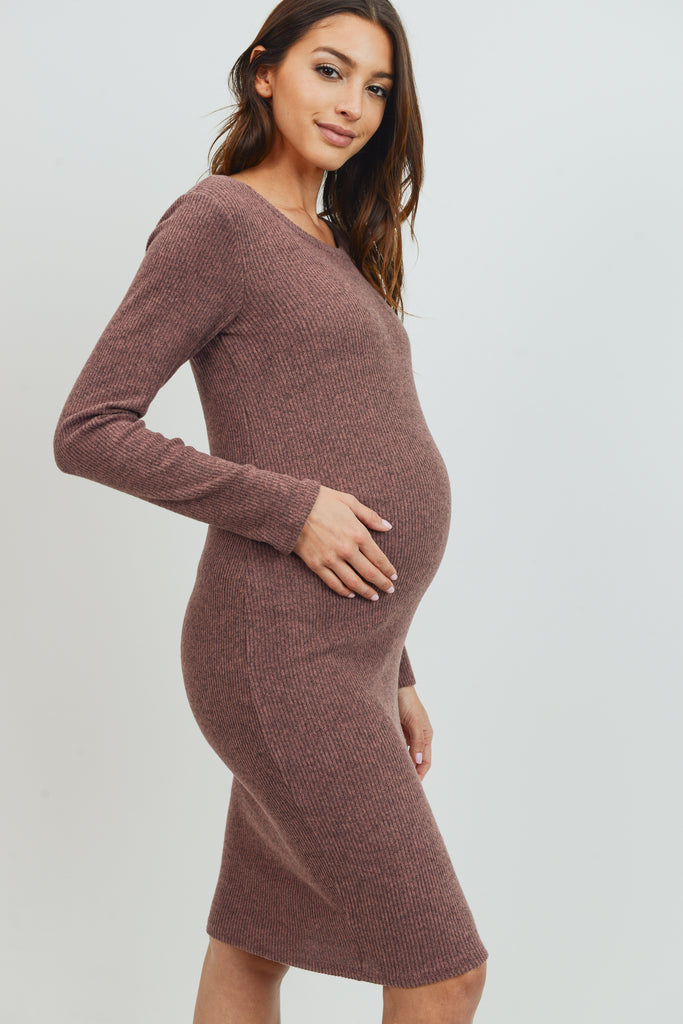 Mauve Long Sleeve Rib Knit Maternity Dress