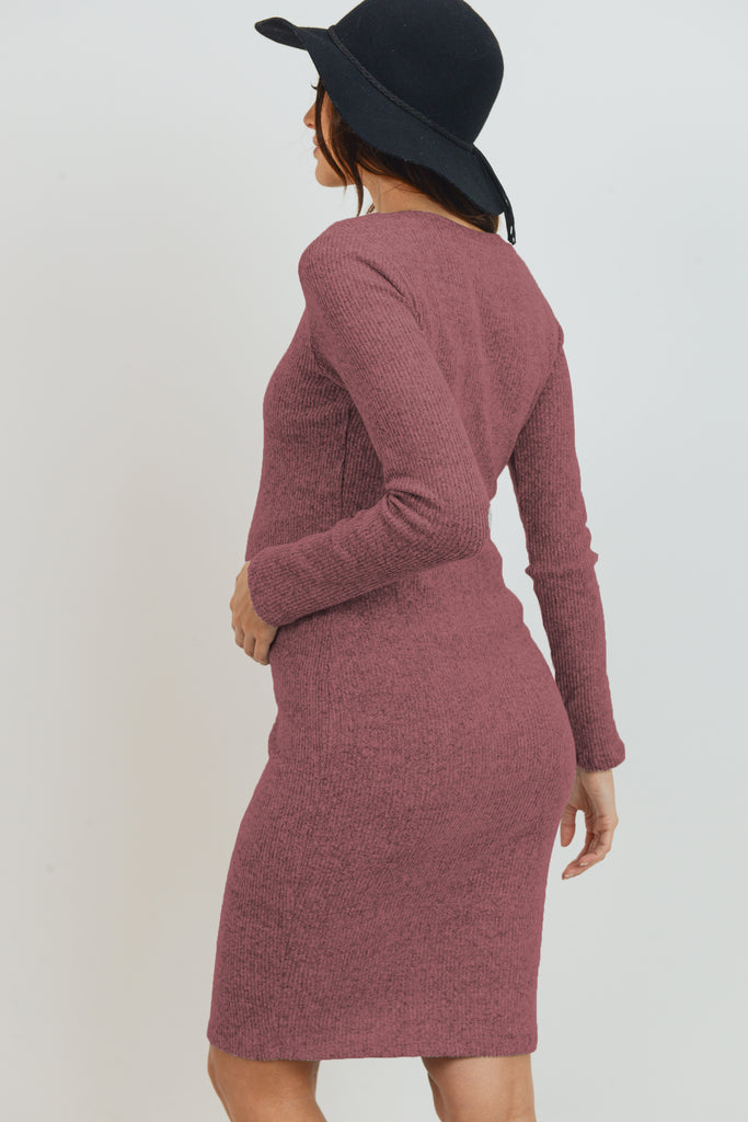 Dusty Rose Long Sleeve Rib Knit Maternity Dress