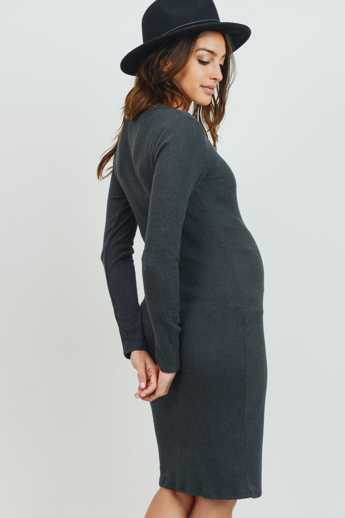 Dark Green Long Sleeve Rib Knit Maternity Dress