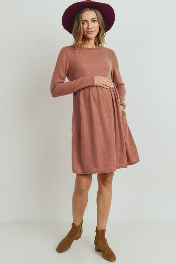 Rust Lurex Long Sleeve Side Pocket Maternity Dress