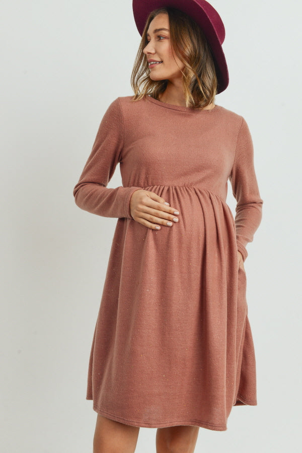 Rust Lurex Long Sleeve Side Pocket Maternity Dress