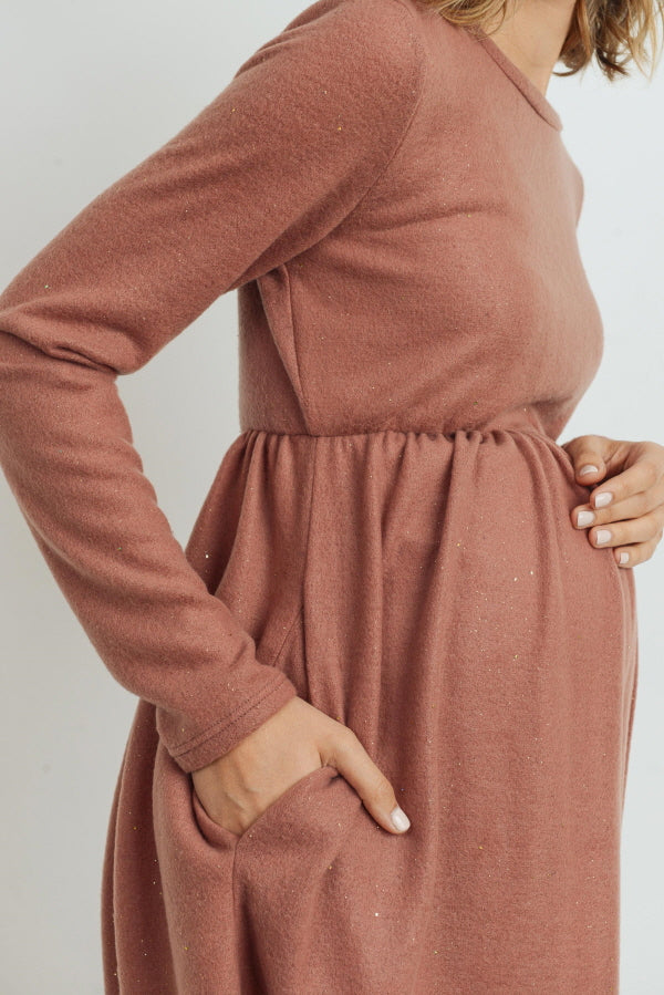 Rust Lurex Long Sleeve Side Pocket Maternity Dress