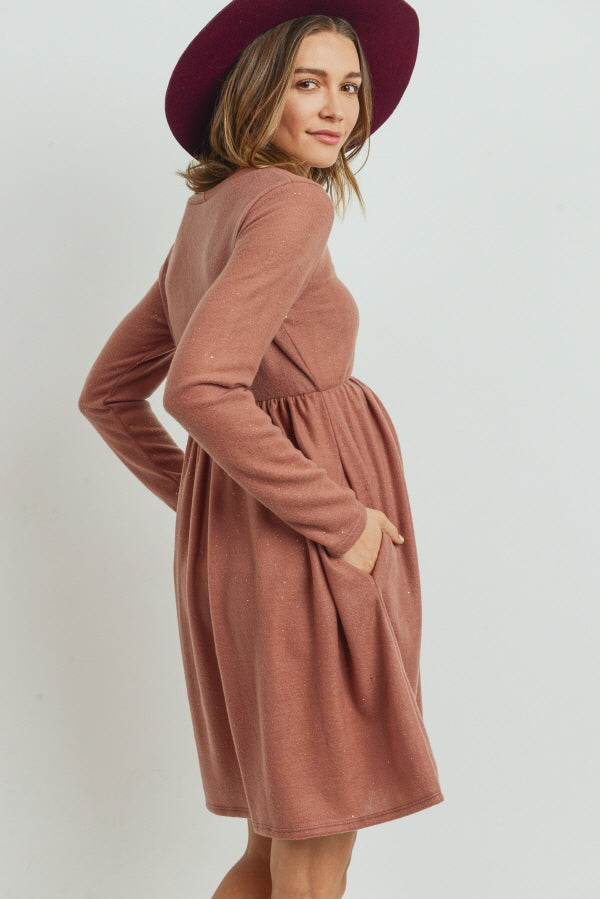 Rust Lurex Long Sleeve Side Pocket Maternity Dress