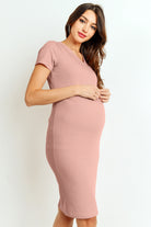 Mauve Ribbed V-Neck Short Sleeve Maternity Dress