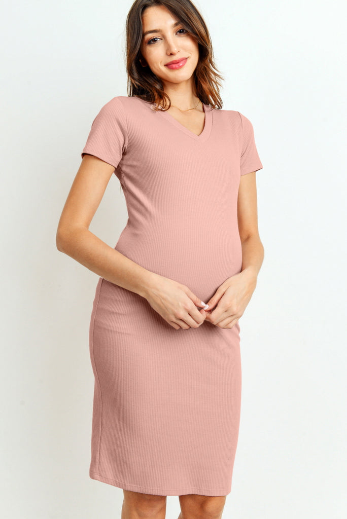 Mauve Ribbed V-Neck Short Sleeve Maternity Dress