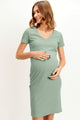Sage Ribbed V-Neck Short Sleeve Maternity Dress