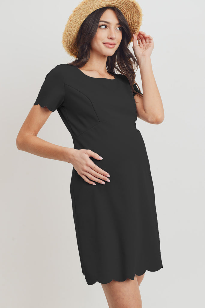 Black Solid Scalloped Maternity Dress