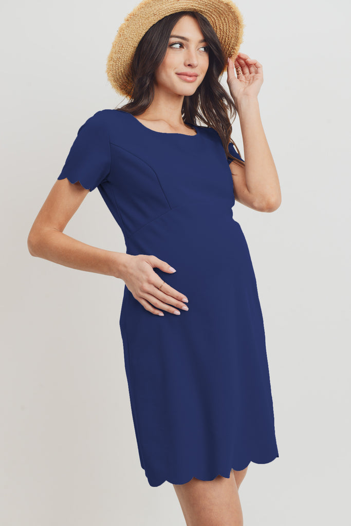 Navy Solid Scalloped Maternity Dress