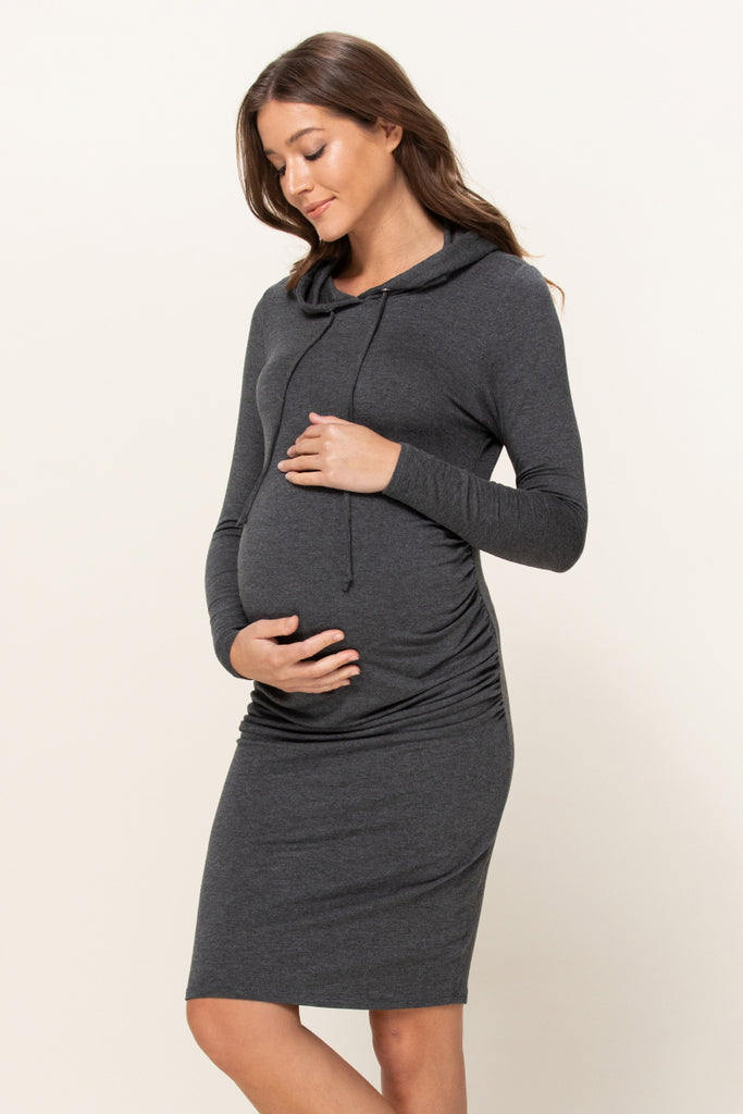 Charcoal Super French Terry Maternity Hoodie Dress