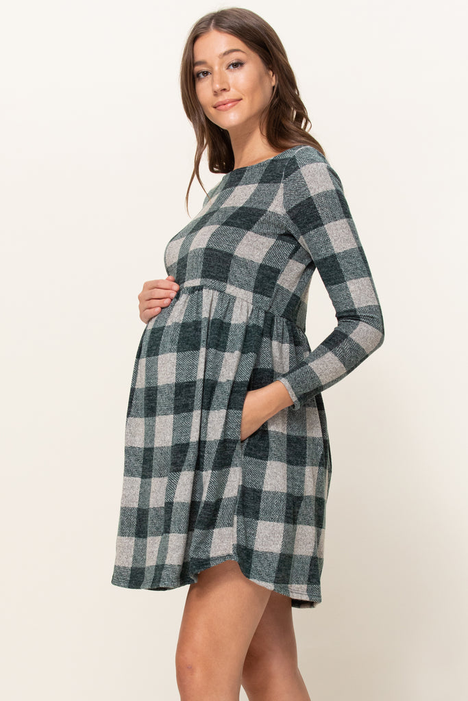 Hunter Green Plaid Sweater Knit Maternity Dress with Pocket