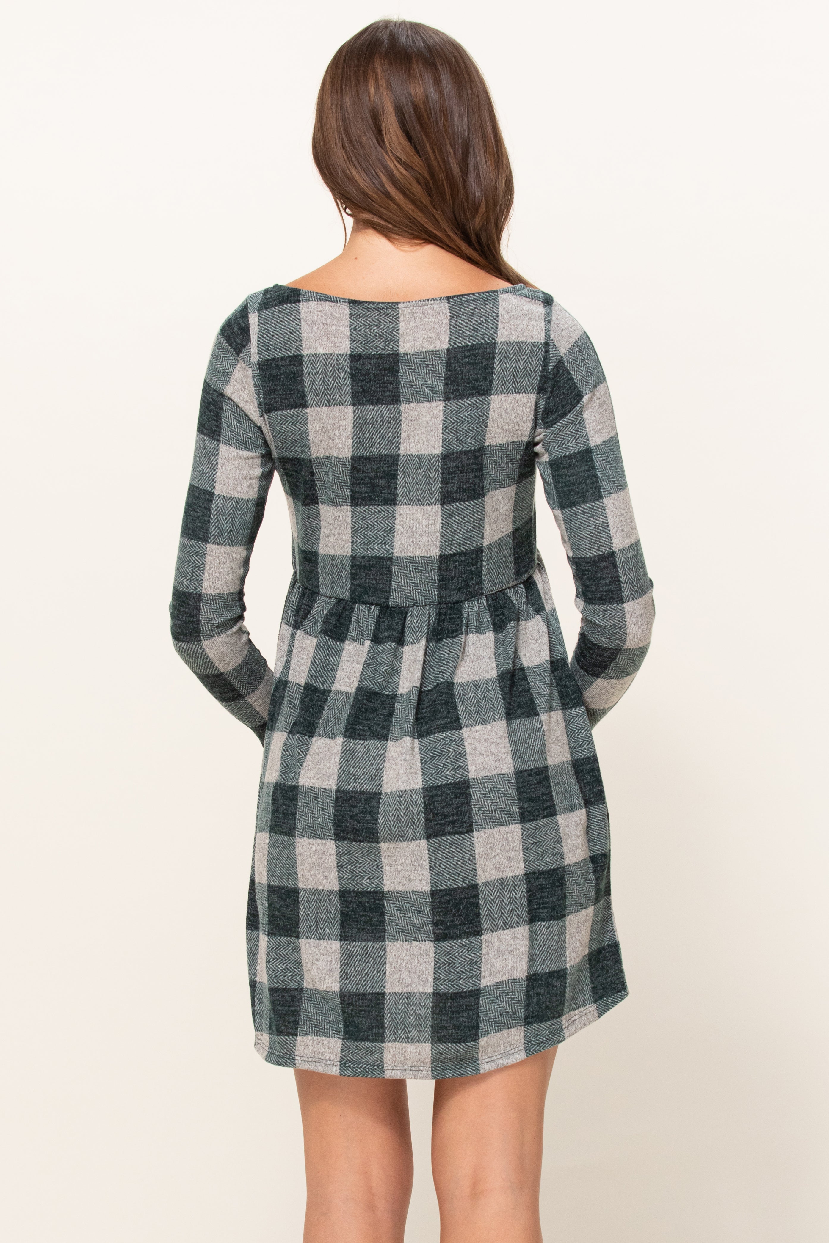 Plaid Sweater Knit Maternity Dress with Pocket Hunter Green / Large Plaid Sweater Knit Maternity Dress with Pocket Hunter Green / Large