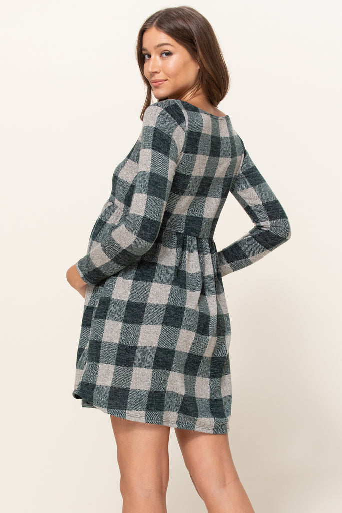 Hunter Green Plaid Sweater Knit Maternity Dress with Pocket