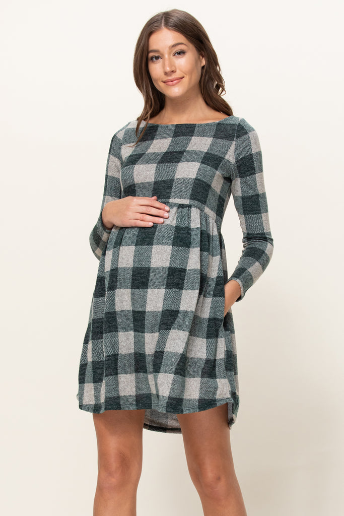 Hunter Green Plaid Sweater Knit Maternity Dress with Pocket