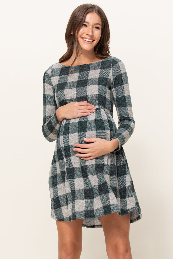 Hunter Green Plaid Sweater Knit Maternity Dress with Pocket