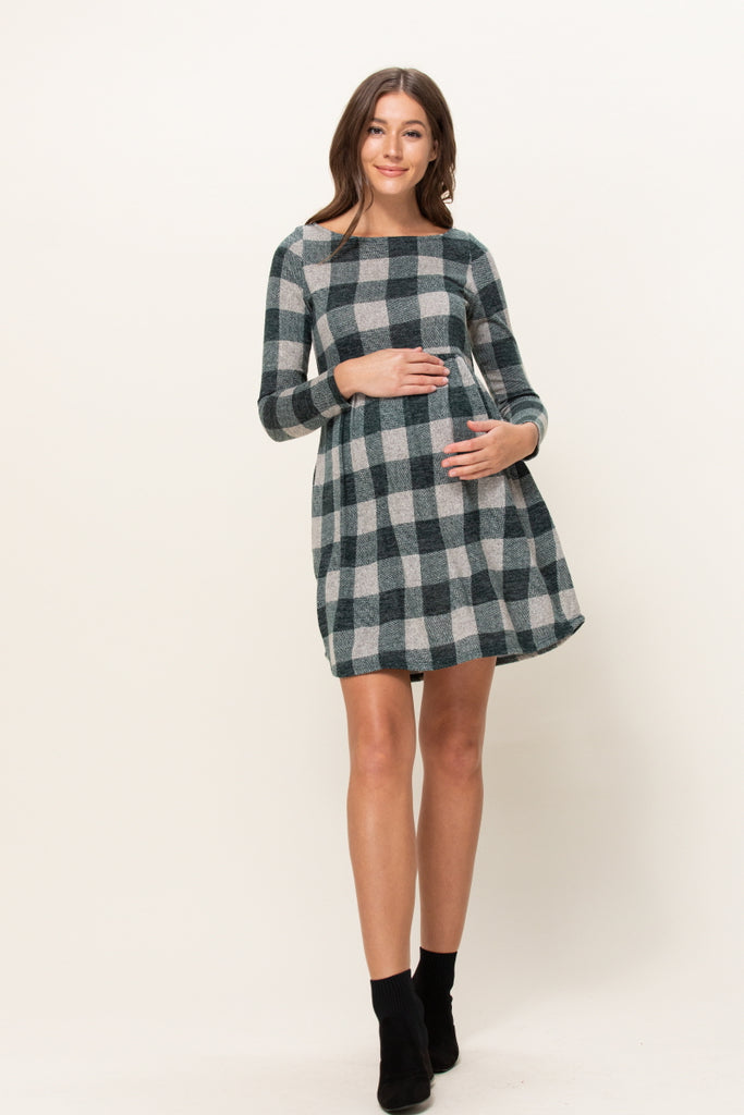 Hunter Green Plaid Sweater Knit Maternity Dress with Pocket