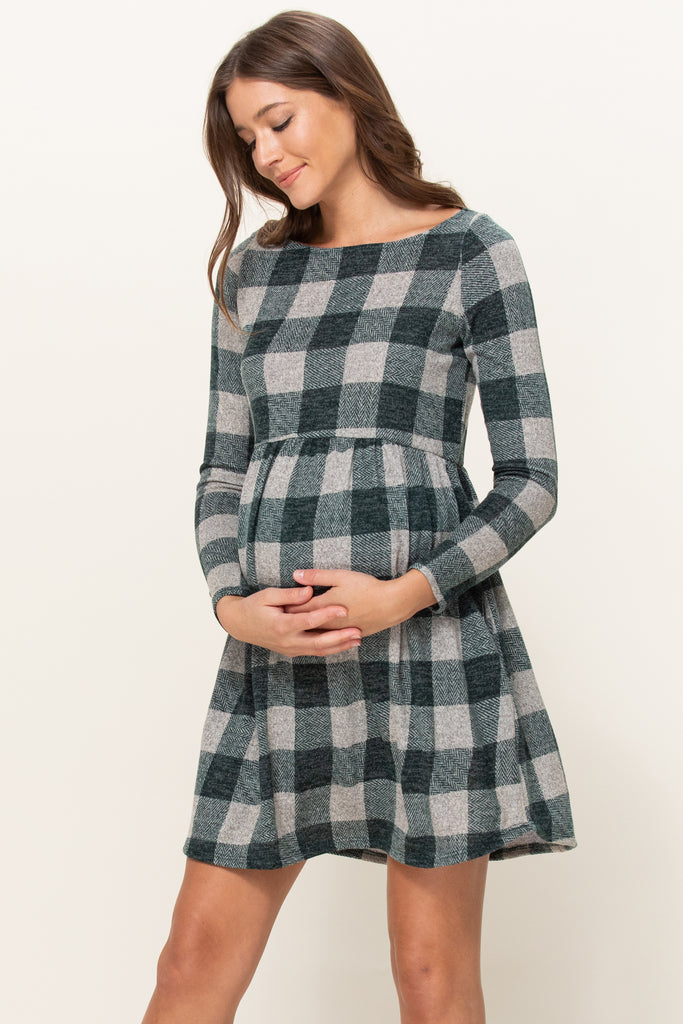 Hunter Green Plaid Sweater Knit Maternity Dress with Pocket