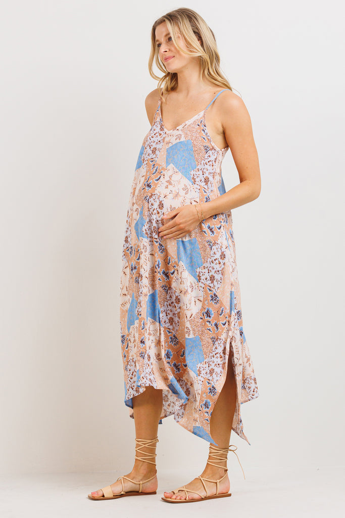 Multi Color Printed  Uneven Hem Maternity Dress