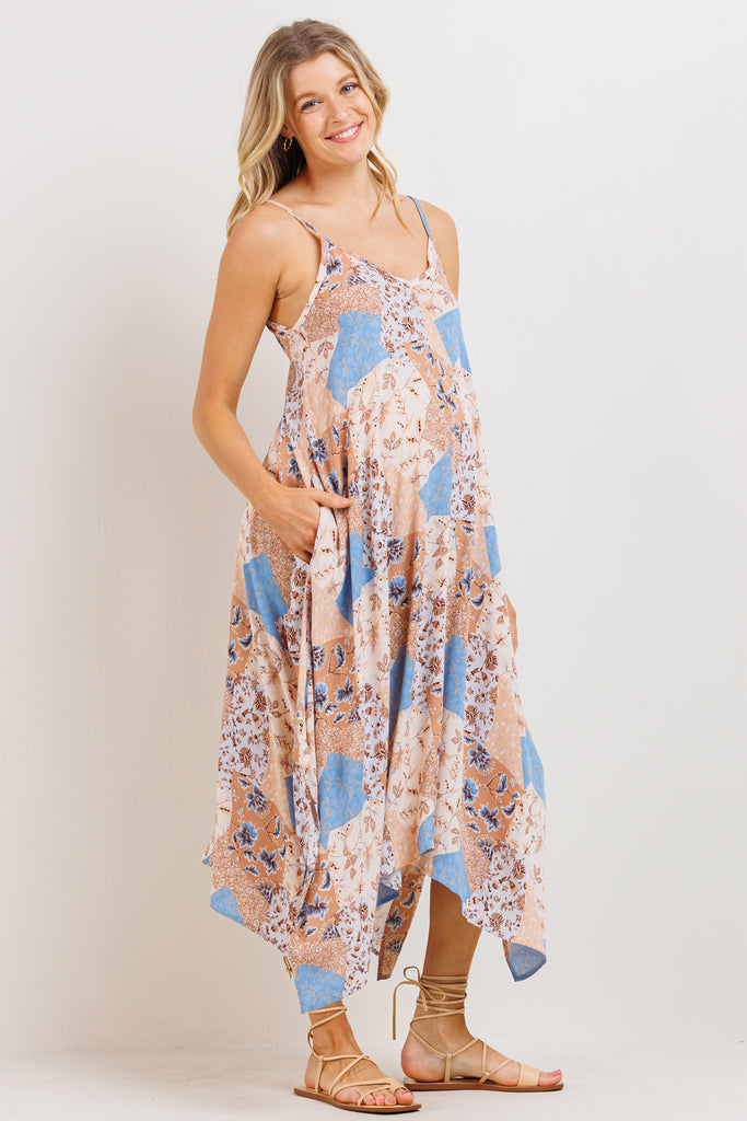 Multi Color Printed  Uneven Hem Maternity Dress