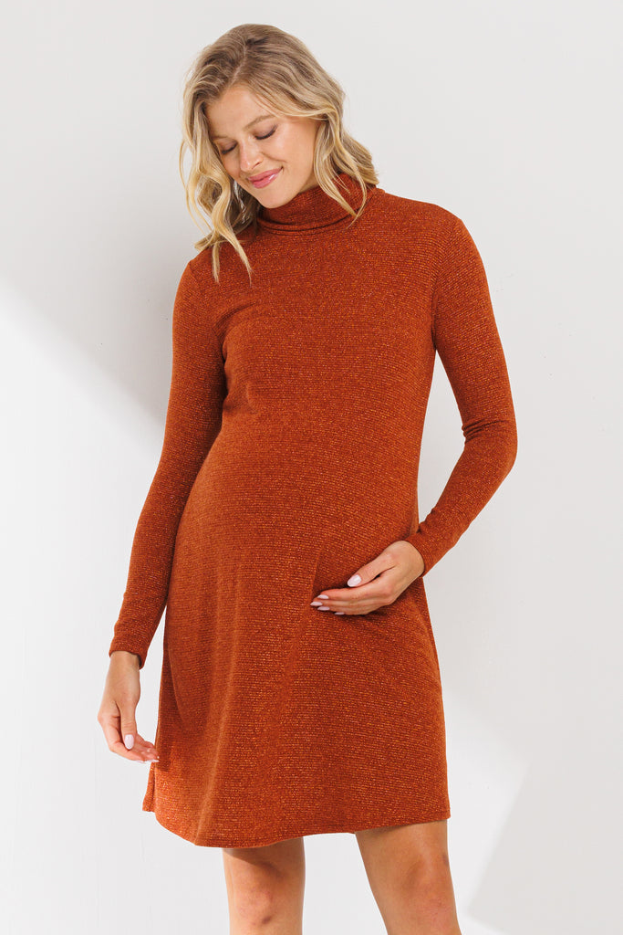 Rust Turtle Neck Shimmer Maternity Dress