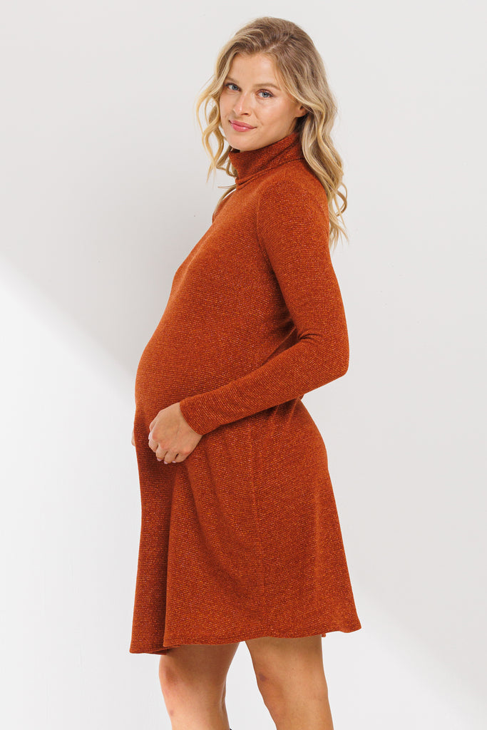 Rust Turtle Neck Shimmer Maternity Dress