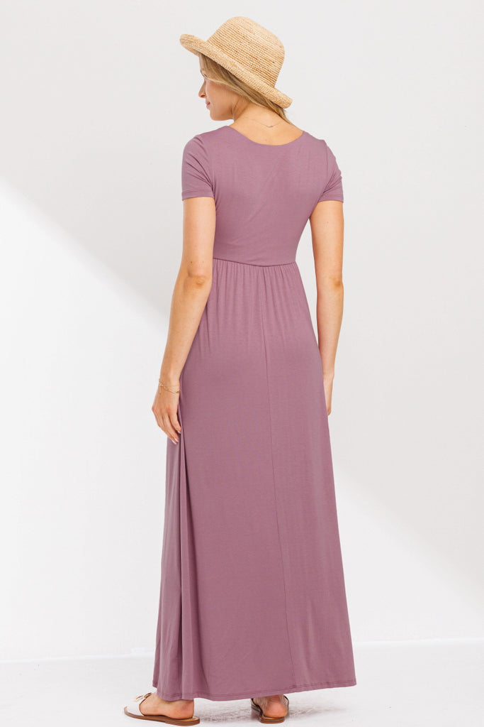 Mauve Round Neck Maternity Maxi Flared Dress