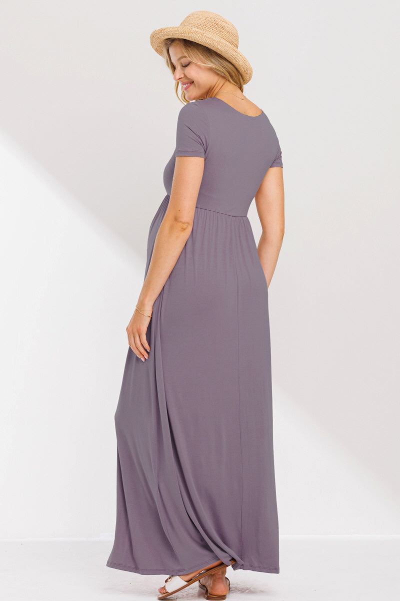  Dusty Lilac Solid Round Neck Maternity Maxi Flared Dress