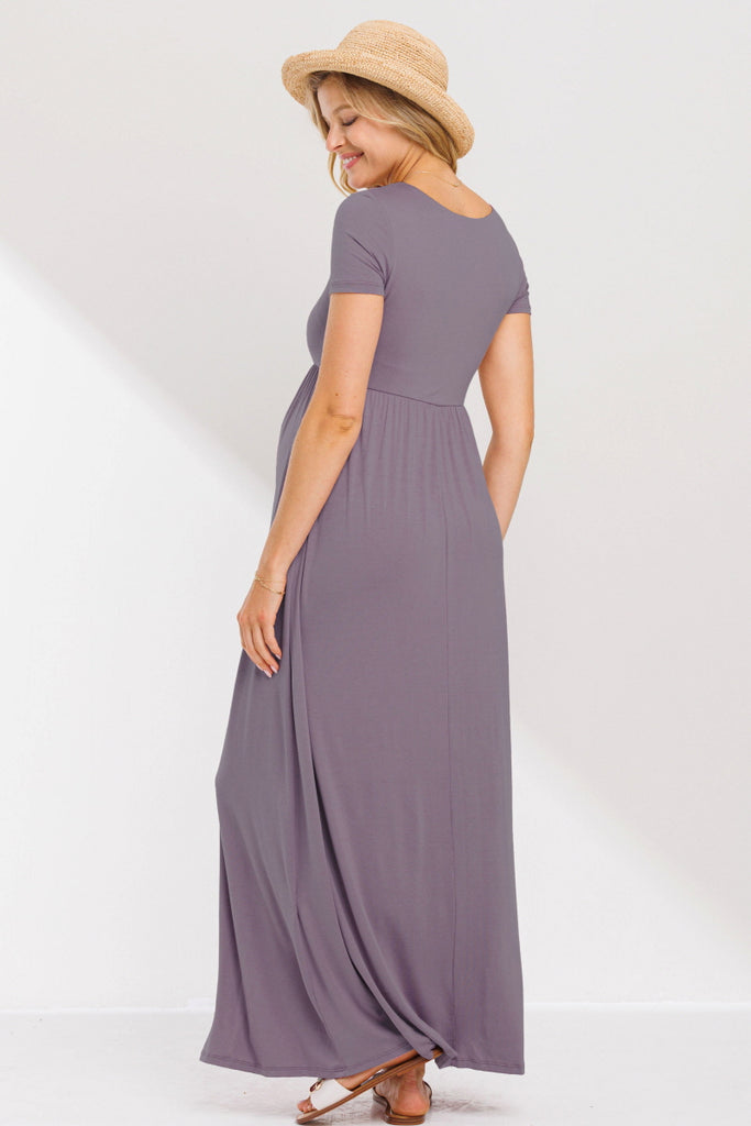  Dusty Lilac Solid Round Neck Maternity Maxi Flared Dress
