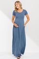 Denim Blue Solid Round Neck Maternity Maxi Flared Dress