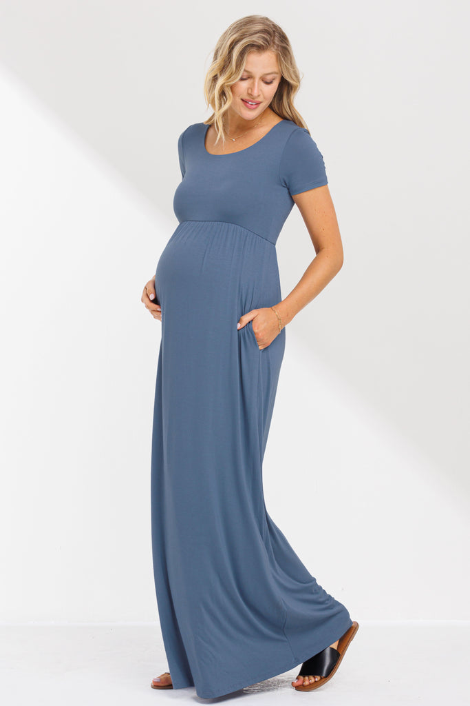 Denim Blue Solid Round Neck Maternity Maxi Flared Dress