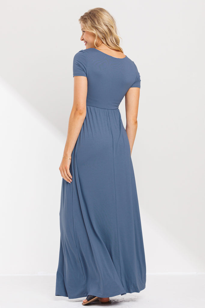 Denim Blue Solid Round Neck Maternity Maxi Flared Dress