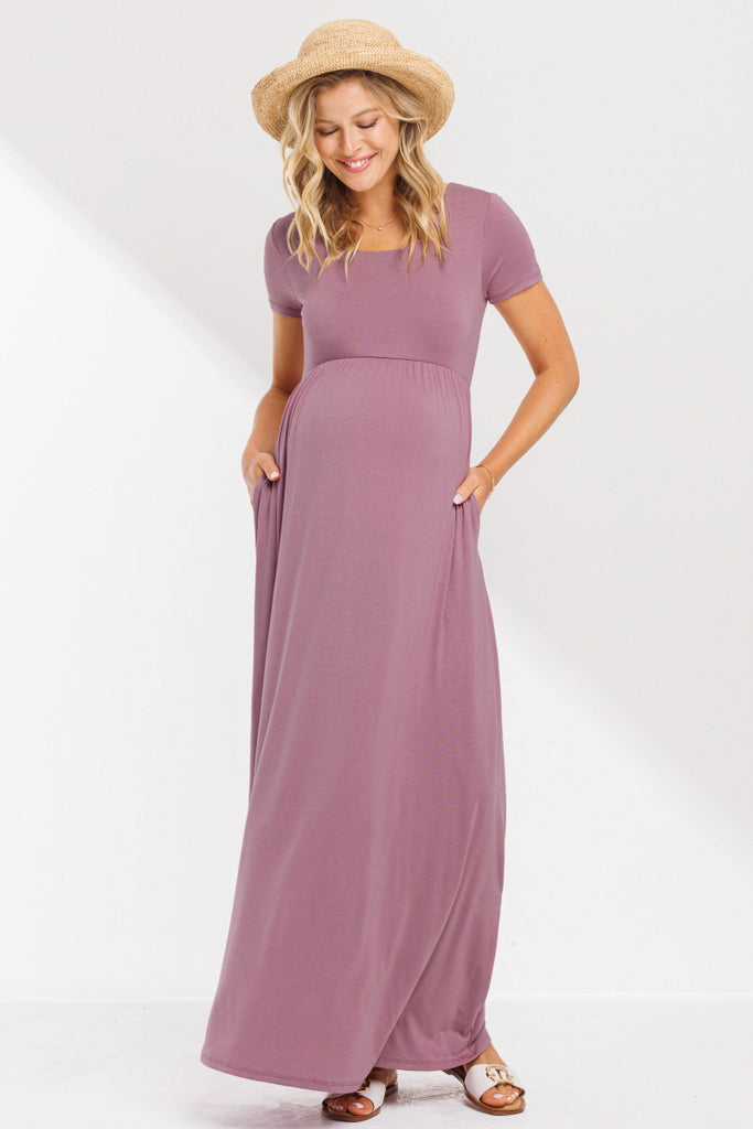 Mauve Round Neck Maternity Maxi Flared Dress