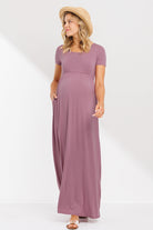 Mauve Round Neck Maternity Maxi Flared Dress