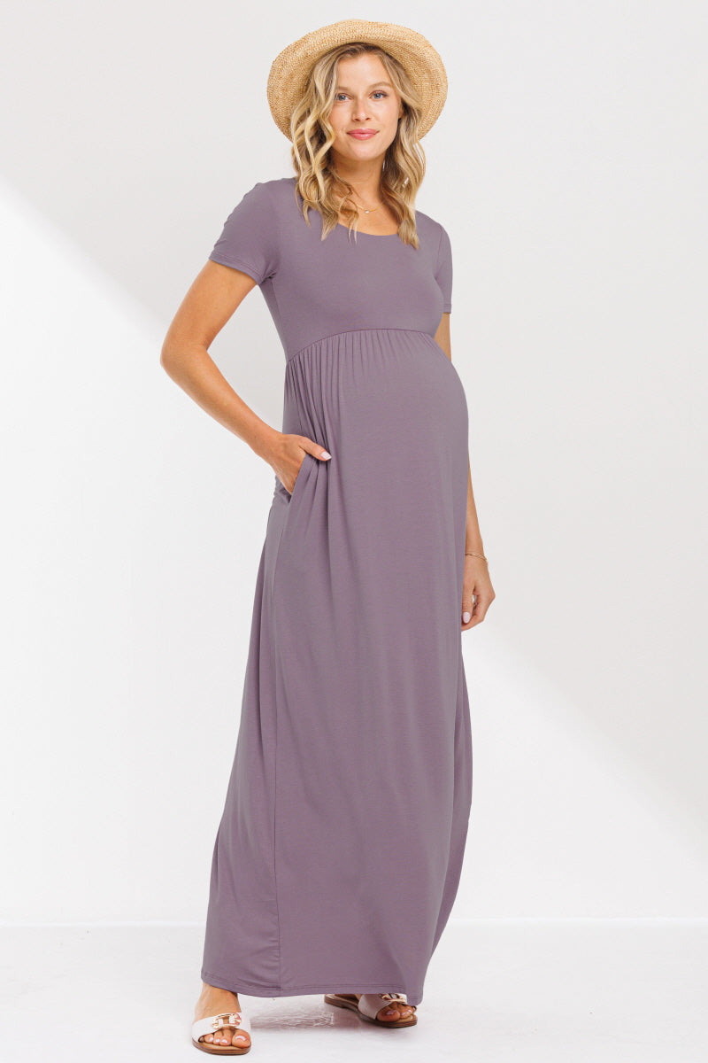  Dusty Lilac Solid Round Neck Maternity Maxi Flared Dress