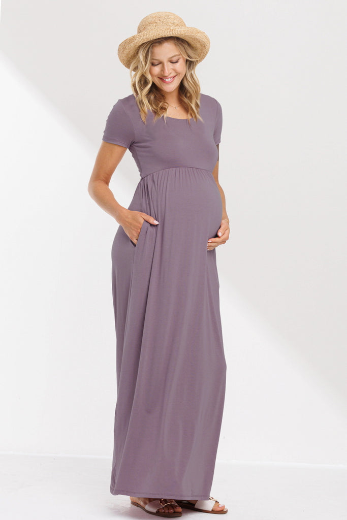  Dusty Lilac Solid Round Neck Maternity Maxi Flared Dress