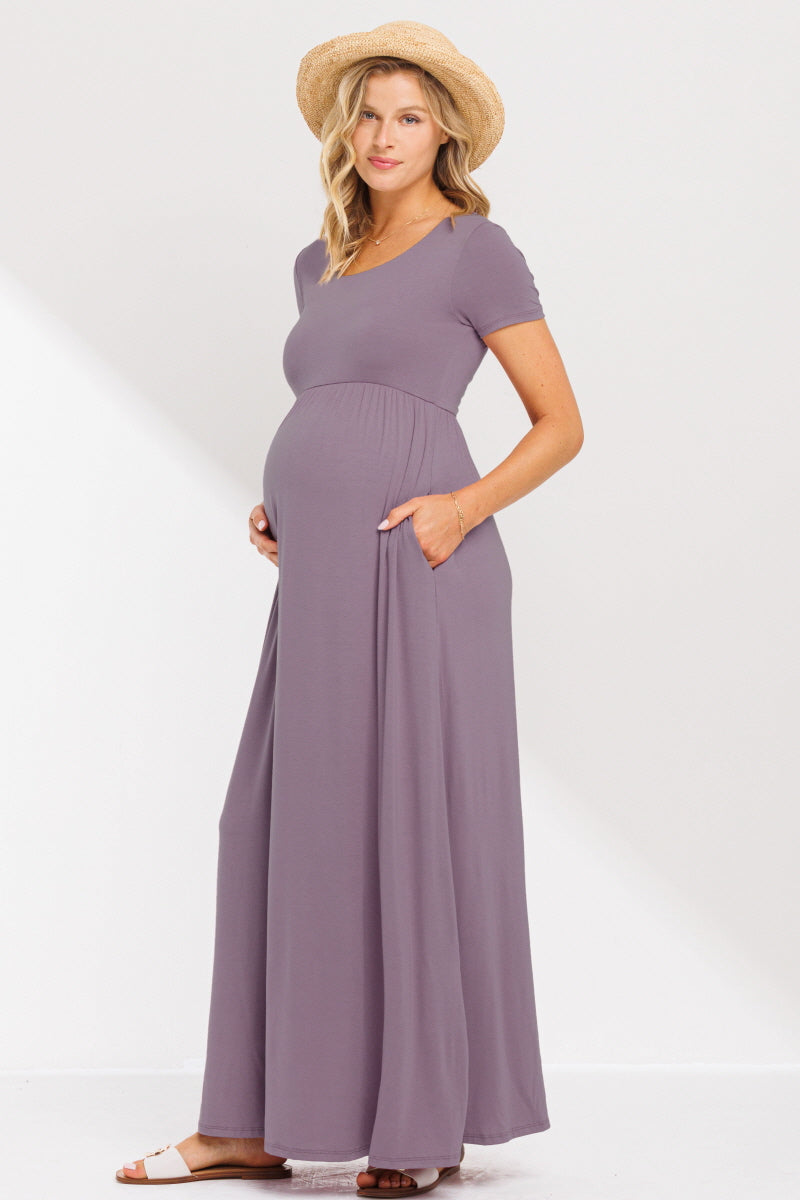 Dusty Lilac Solid Round Neck Maternity Maxi Flared Dress