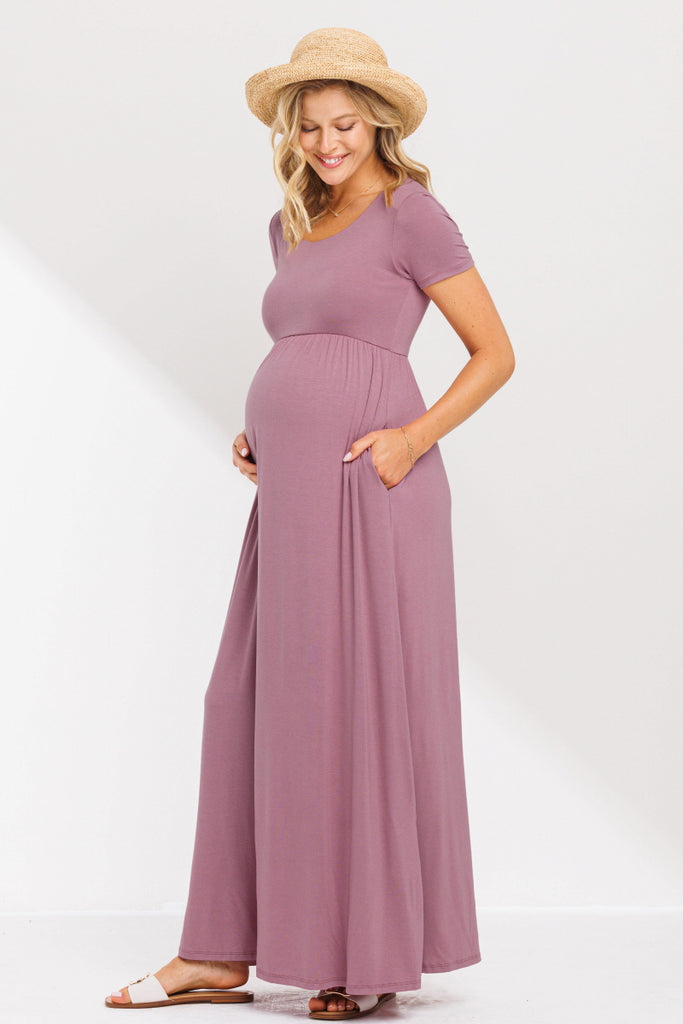 Mauve Round Neck Maternity Maxi Flared Dress