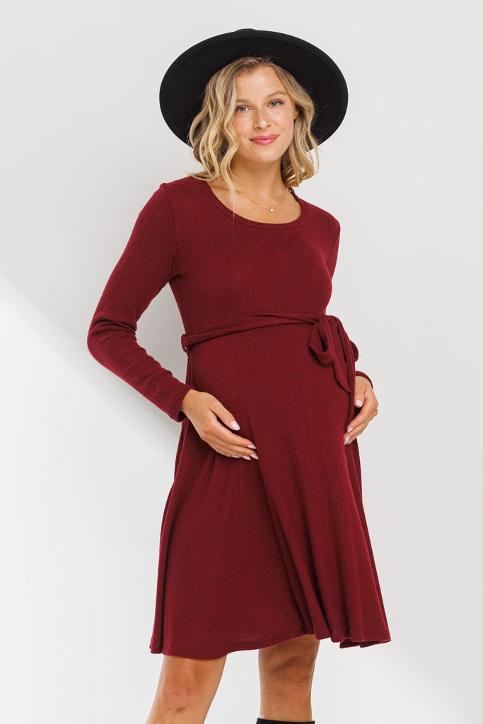 Burgundy Rib Knit Belted Maternity Skater Dress