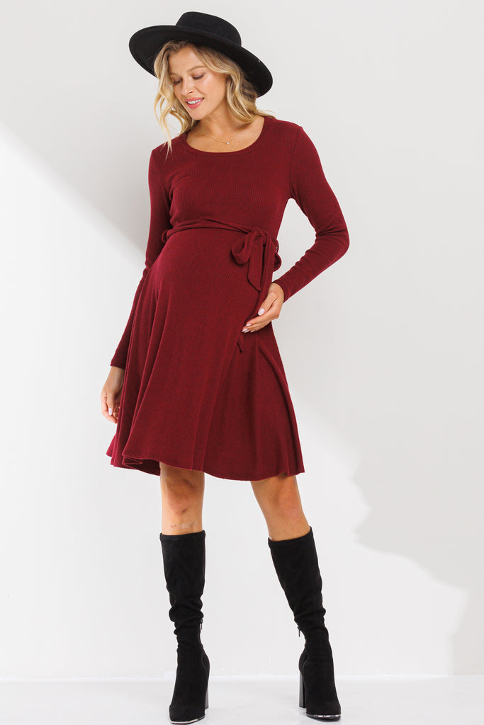 Burgundy Rib Knit Belted Maternity Skater Dress