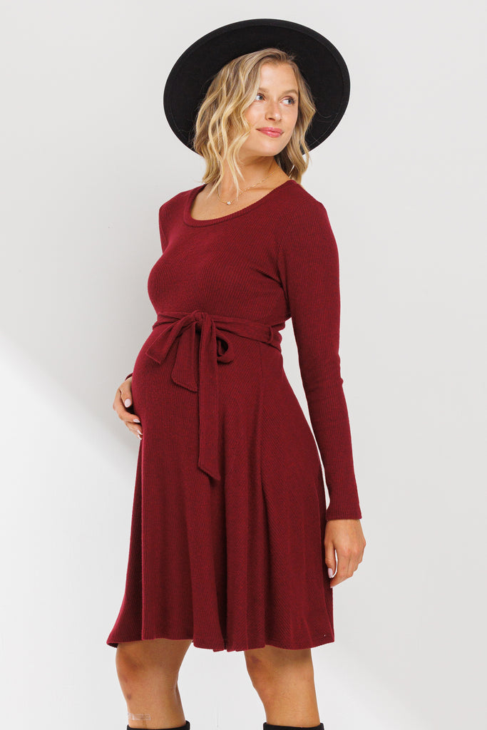 Burgundy Rib Knit Belted Maternity Skater Dress