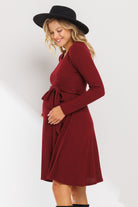 Burgundy Rib Knit Belted Maternity Skater Dress
