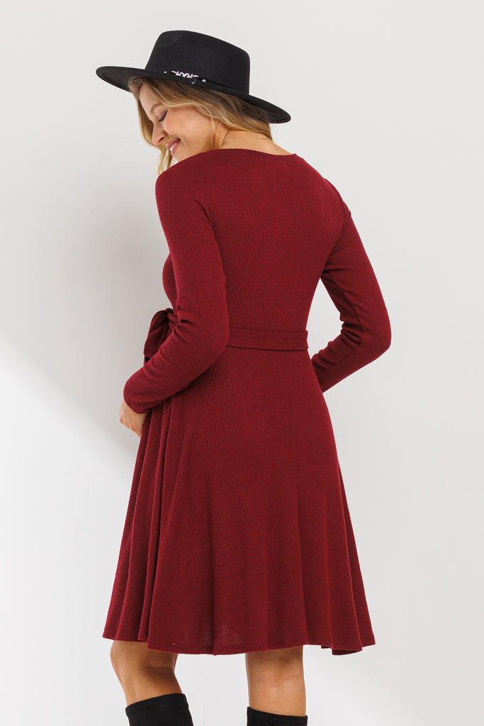 Burgundy Rib Knit Belted Maternity Skater Dress