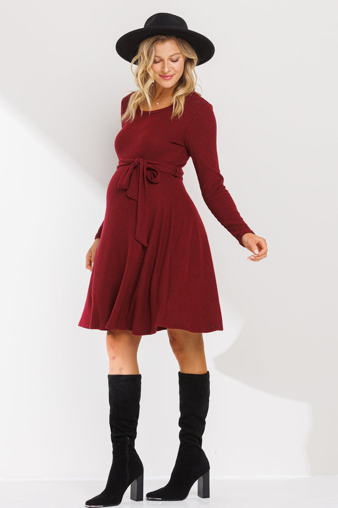 Burgundy Rib Knit Belted Maternity Skater Dress