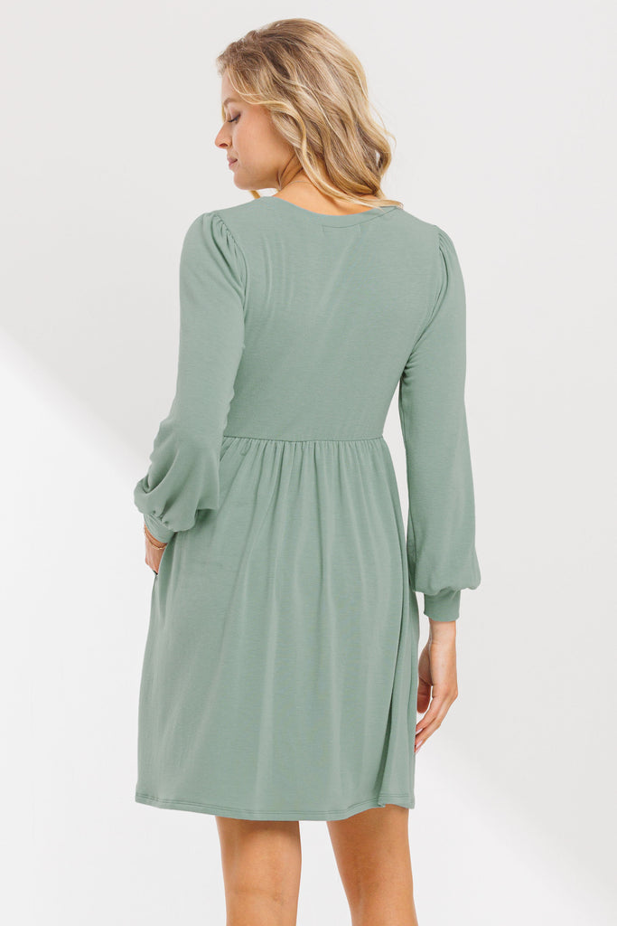 Sage Round Neck Maternity Skater Dress With Pockets