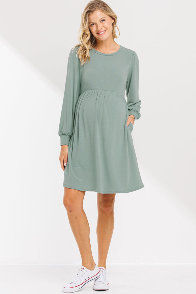 Sage Round Neck Maternity Skater Dress With Pockets