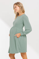 Sage Round Neck Maternity Skater Dress With Pockets