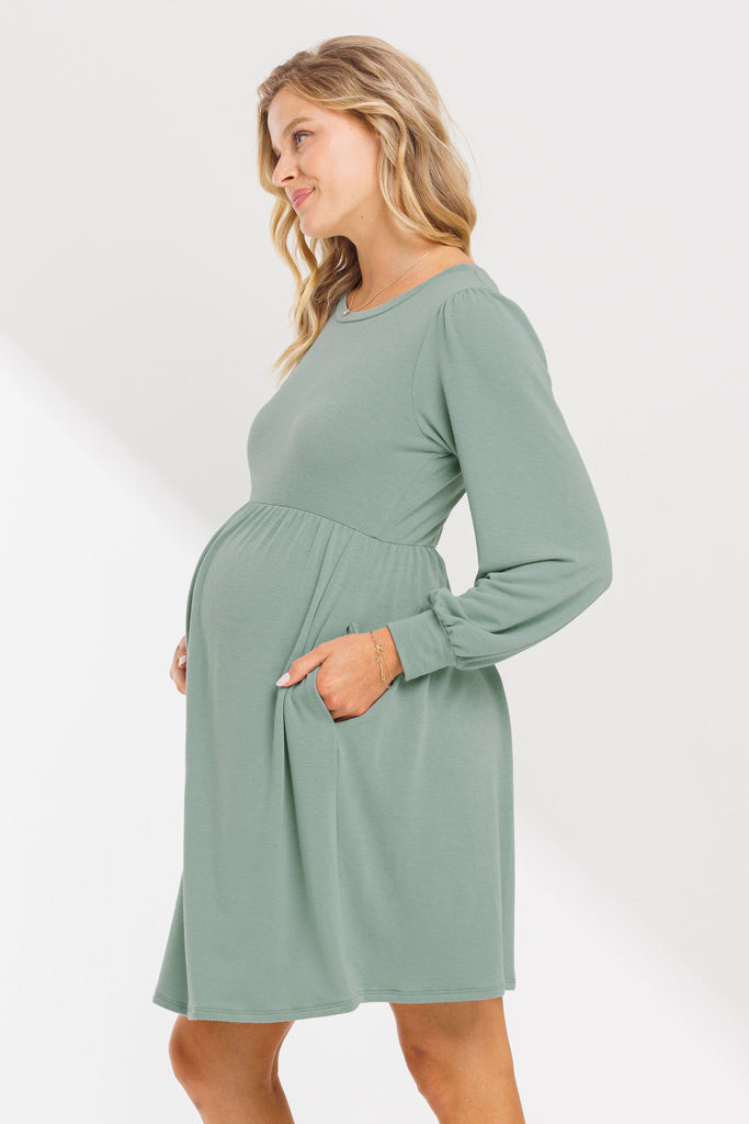 Sage Round Neck Maternity Skater Dress With Pockets