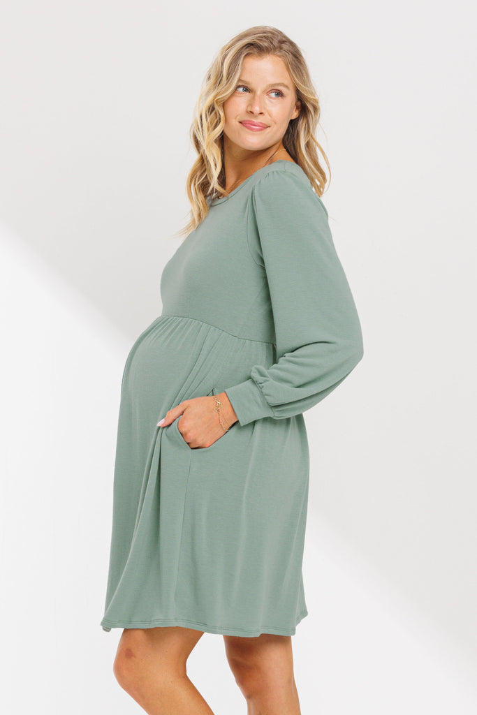 Sage Round Neck Maternity Skater Dress With Pockets