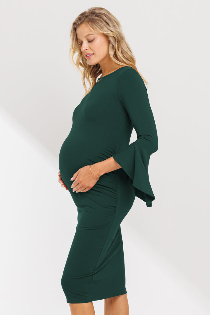 Hunter Green Boat Neck Ruched Side Detail Maternity Dress