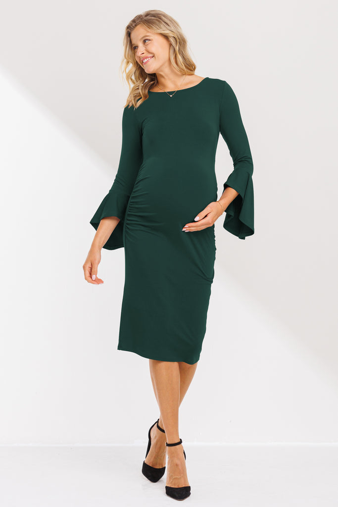 Hunter Green Boat Neck Ruched Side Detail Maternity Dress