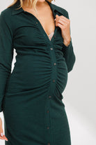 Green Front Ruched Button Detail Maternity Dress